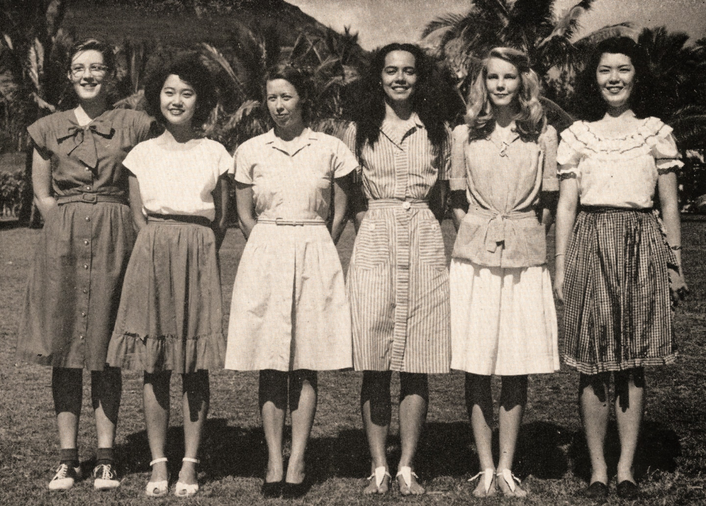 Frances Thompson ’46 Lynch, third from right, in her 1946 Oahuan. In 1946, the Punahou Girls Athletic Association was restored to pre-war activities with leadership from faculty and students. “Flash” was the PGAA president, joined (left to right) by treasurer Joan Pratt ’47, secretary Julia Sia ’46 Ing, Miss Harvey (faculty), vice president Mandy Blake ’47 Bowers and Mercedes Hutchinson ’46 Bacon.